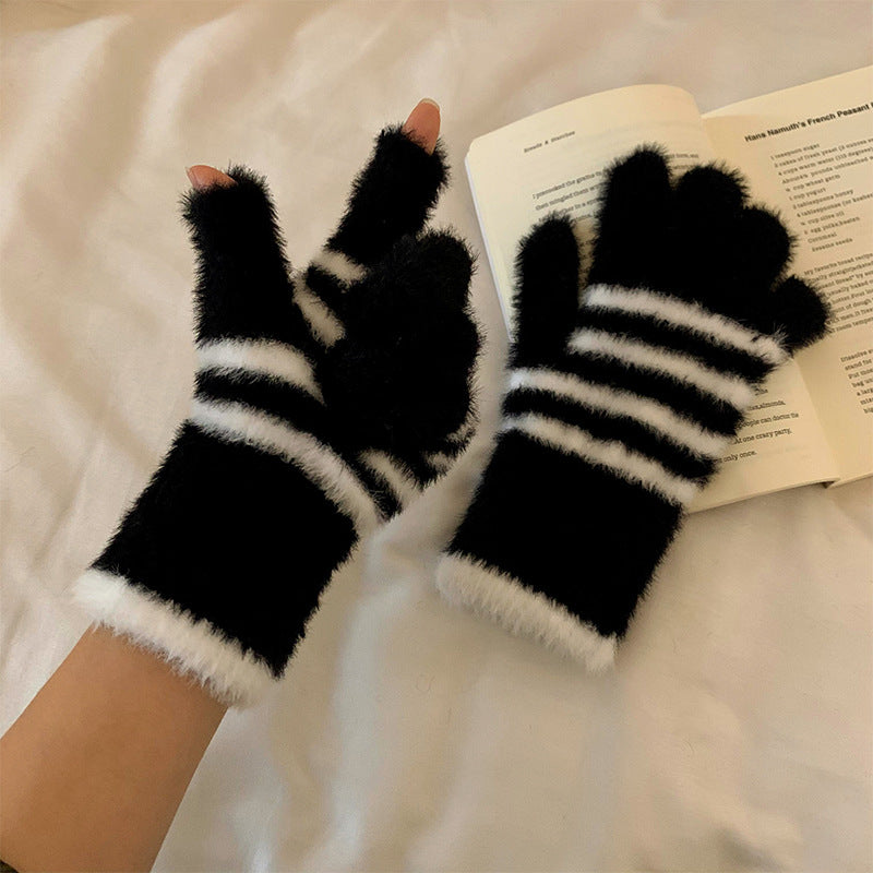 Wholesale Cartoon black and white striped fingerless gloves autumn and winter leopard print